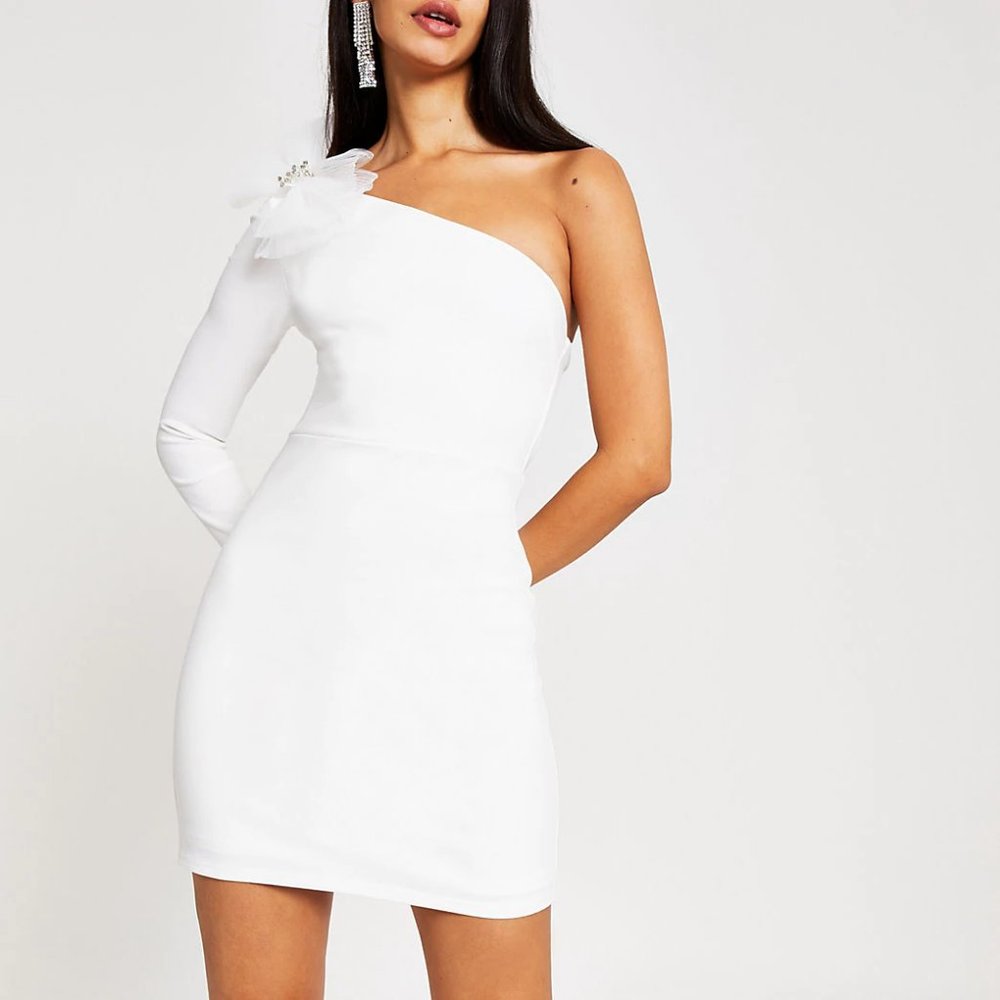 Topshop One Sleeve Bow Bodycon Mini Dress - White